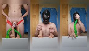 Sissy Gimp Choked Gagging on Two Monster Dildos Swallows 18in Beast