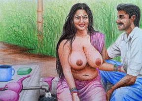 Erotic Art Or Drawing Of A Sexy Desi Indian Village Woman Fucking with Brother In law in An Open Bath