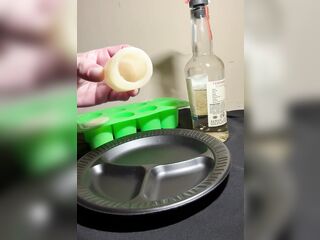 Solid frozen discharged glasses made from 100% my own cum, I add tequila and a recent load of cum and slurp down my own cum!! Delightful!!!