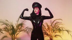 Goddess shows off biceps in a black latex catsuit (1080p)