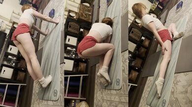 Her tight booty shorts squeezing while she stretches in dirty socks