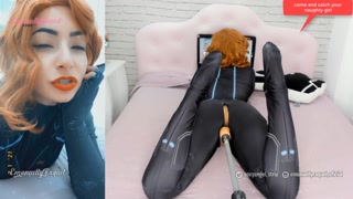 Black widow cosplay big butt girl sucking and fucking with her sex machine