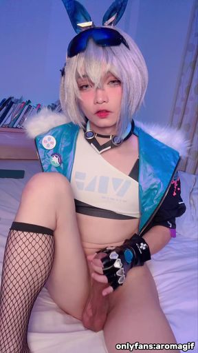 Honkai: Star Rail - Cute femboy cosplays Silver Wolf barefoot in the room playing with his big cock