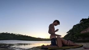 Brunette milf gives wet blowjob to big cock on paragliding platform