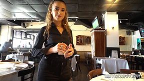 Curly red haired waitress Venus Valkyrie is fucked for money by one kinky stranger