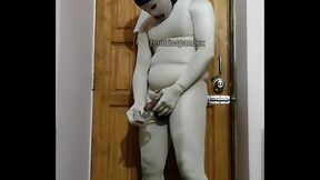 Zentai uncut pee drink coffee with biscuits and cum