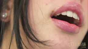 8teenhub - Skinny Brunette with Big Bee-stung Lips, Fucks Herself Hard with Vibrator and Dildo on Bed.