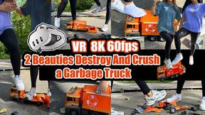 VR 3D 8K 180 60 fps | A large garbage truck hits two girls - the girls crush and destroy the garbage truck to pieces with their sneakers, socks, and bare feet.