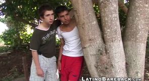 Two Latinos and a white guy fuck in bareback threesome