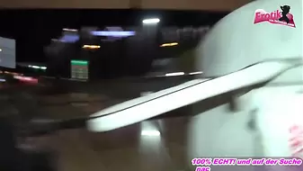 Hot German blonde blows cock in the middle of a street café