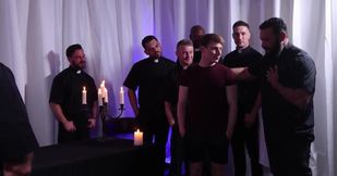 Pale ginger is on his knees and he is ready to serve