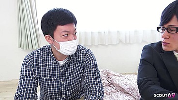 Japanese Step-Father Suprised Virgin Step-Son with his First Fuck by Escort in Uncensored Japan Porn with Cum inside
