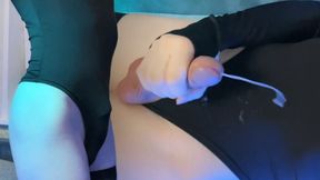 Femboy jacks off in a bathing suit and ejaculates on belly