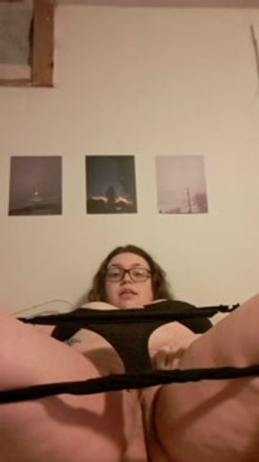Chubby girl trying on different lingerie, rubbing her pussy and fucking herself with glass dildo