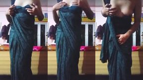 indian gay crossdresser bottom pressing and playing with her big boobs in black saree real homemade xxx sex