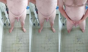 Naked urination in the dirty shower