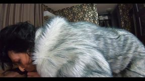 Face Fuck,cum Play While Wearing a Hot Grey Fur-coat and Long Boots 214