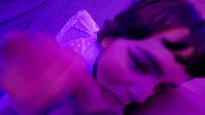 Tattooed Latina Teen blows lucky guy and swallows his huge cumload