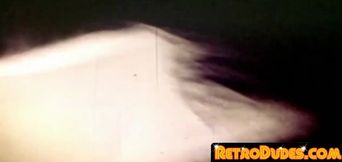 Hairy gay guy strokes his fat cock and cums on his chest