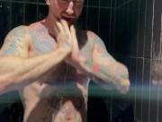 tatted muscle man Troy Daniels jacking off in the shower