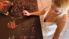Hot blonde wife uses cock and precum to fix her puzzle