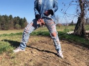 Outdoor play with her pierced and tattooed pussy in jeans