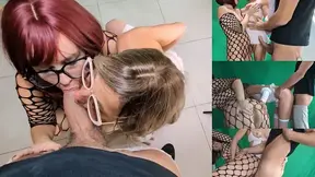 Italian milf and step sister fucked hard in FFM threesome at work