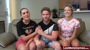 Getting his cock sucked after playing strip basketball with his two lady friends