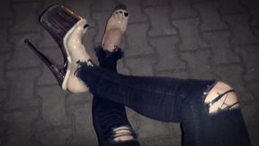 Sexy Feet &amp; Legs in 20cm Sky-High Clear Stilettos - Ripped Jeans Tease