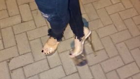 Sexy Feet &amp; Legs in 20cm Sky-High Clear Stilettos - Ripped Jeans Tease