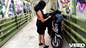 Real biker girl strips on the road &mdash;  teasing naked &mdash;  blowjob along the path