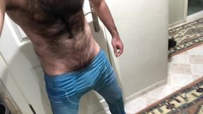 Very hairy man Draining off through Lycra Spandex Stockings