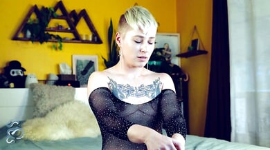 Femdom in fishnets dominates with rainbow strapon in POV JOI session featuring CEI