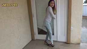 petite asian pees her skintight jeans