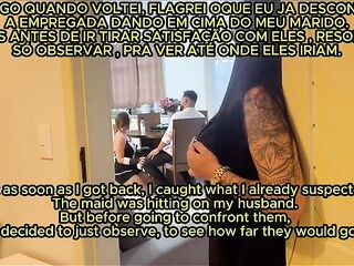 Wife catches spouse having sex with the maid, watches with arousal, and then joins in the fuckfest, participating in a female trio.