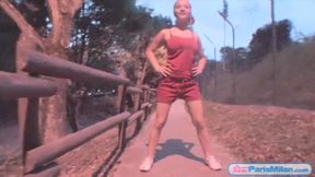 Busty teen wiggles her big tits in public