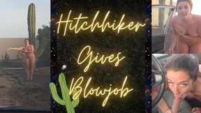 Naked Hitchhiker gives blowjob for lift