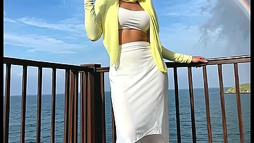 Hijab shemale teases her beautiful body and dick, takes it in ass and cums. Anal sex, sexy hijab (AI Generated)