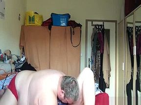 Fat mature guy eating and stuffing his wife in the morning