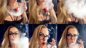 Red Marlboro - Close-up - Bimbo Milf - Beautiful puffs in your face, Smoke rings, Double pumps, Deep Inhales, Puffs, Nose exhales, Bra, Long blonde hair, Red lipstick, Long shiny nails