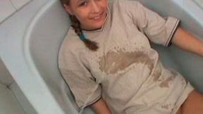 Tasty looking teen gets pissed before giving blowjob in pov sex scene