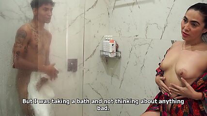 Busty stepmom catches skinny stepson jerking off in shower, fucks his brains out