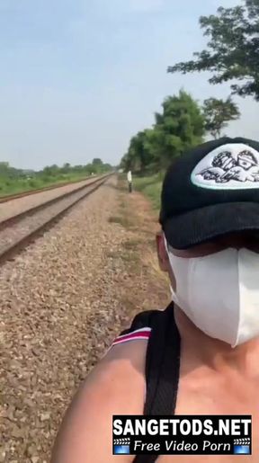 Jerk off road outdoors handsome asian man