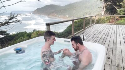 Tatted twink gets rimmed, fucked, and used at cabin by tatted daddy