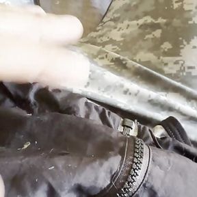 Army solider jerks off in his wrestling singlet shoots cum through it!