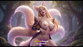 Ahri Fox Girl Tease - All Fours Bounce, Breast Play &amp; Oiled Kitsune Body