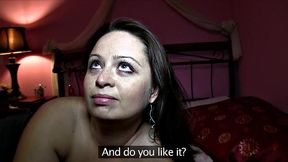 This busty brunette gets her trimmed pussy drilled in public while she fantasies about work