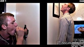 athletic straight guy gets his cock sucked at the glory hole by a skinny eager twink