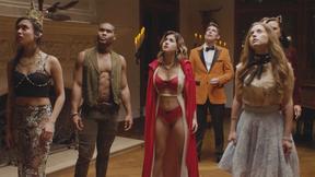 ”Hot huge tits Stepmoms in sexy lingerie solving a mystery with group of guys”