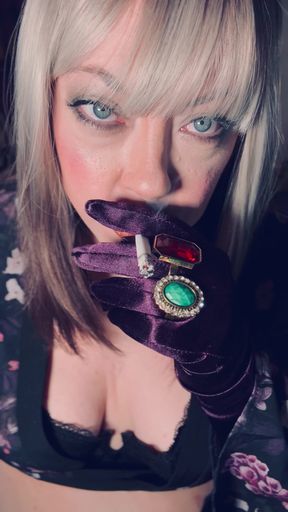 BBW Smoker Tina Snua Wears Purple Satin Gloves &amp; Jewellery &amp; Tip To Tail 2 Cigarettes - Domme Smoking BBW OMI OME